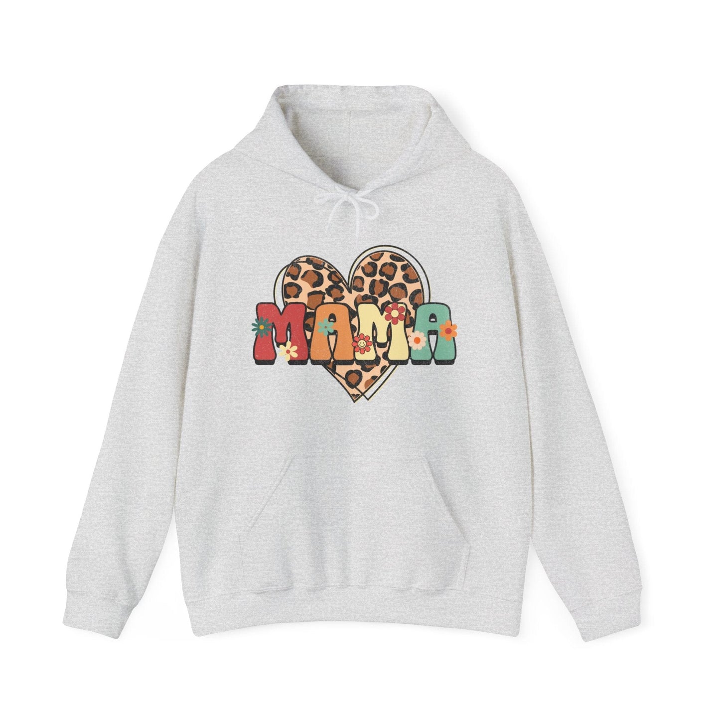 Floral Mama Leopard Heart Hooded Sweatshirt - Gildan 18500 Hoodie Ash / L