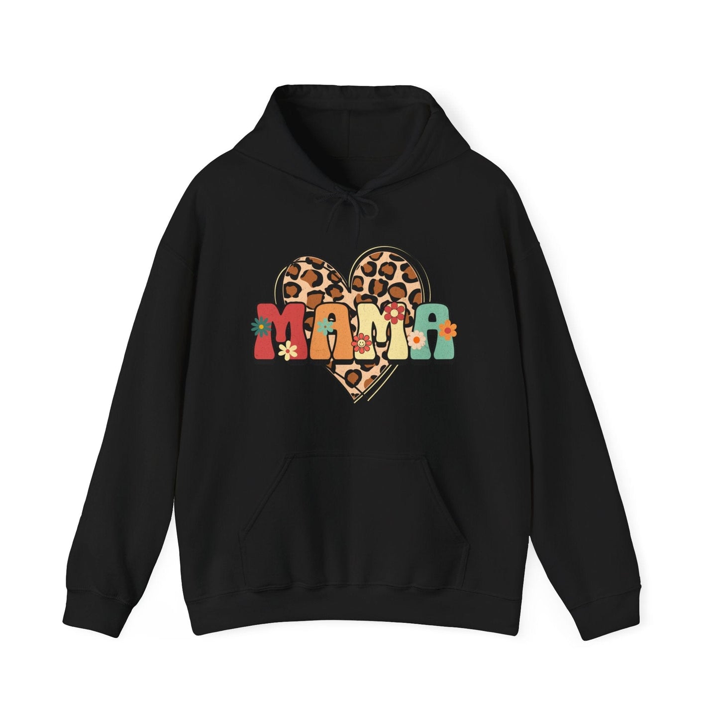 Floral Mama Leopard Heart Hooded Sweatshirt - Gildan 18500 Hoodie Black / S