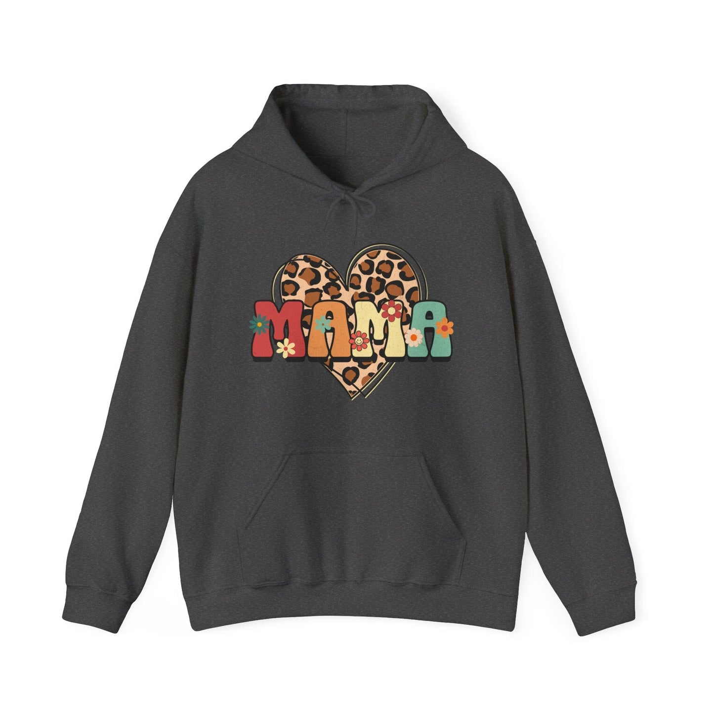 Floral Mama Leopard Heart Hooded Sweatshirt - Gildan 18500 Hoodie Dark Heather / S