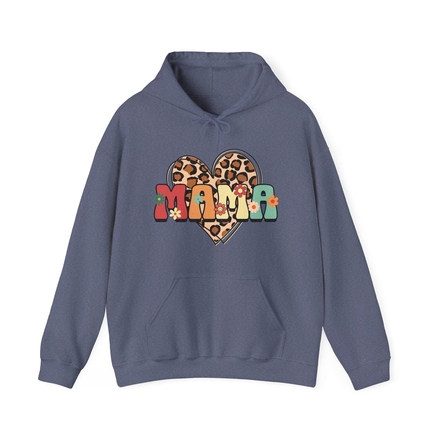 Floral Mama Leopard Heart Hooded Sweatshirt - Gildan 18500 Hoodie Heather Navy / S