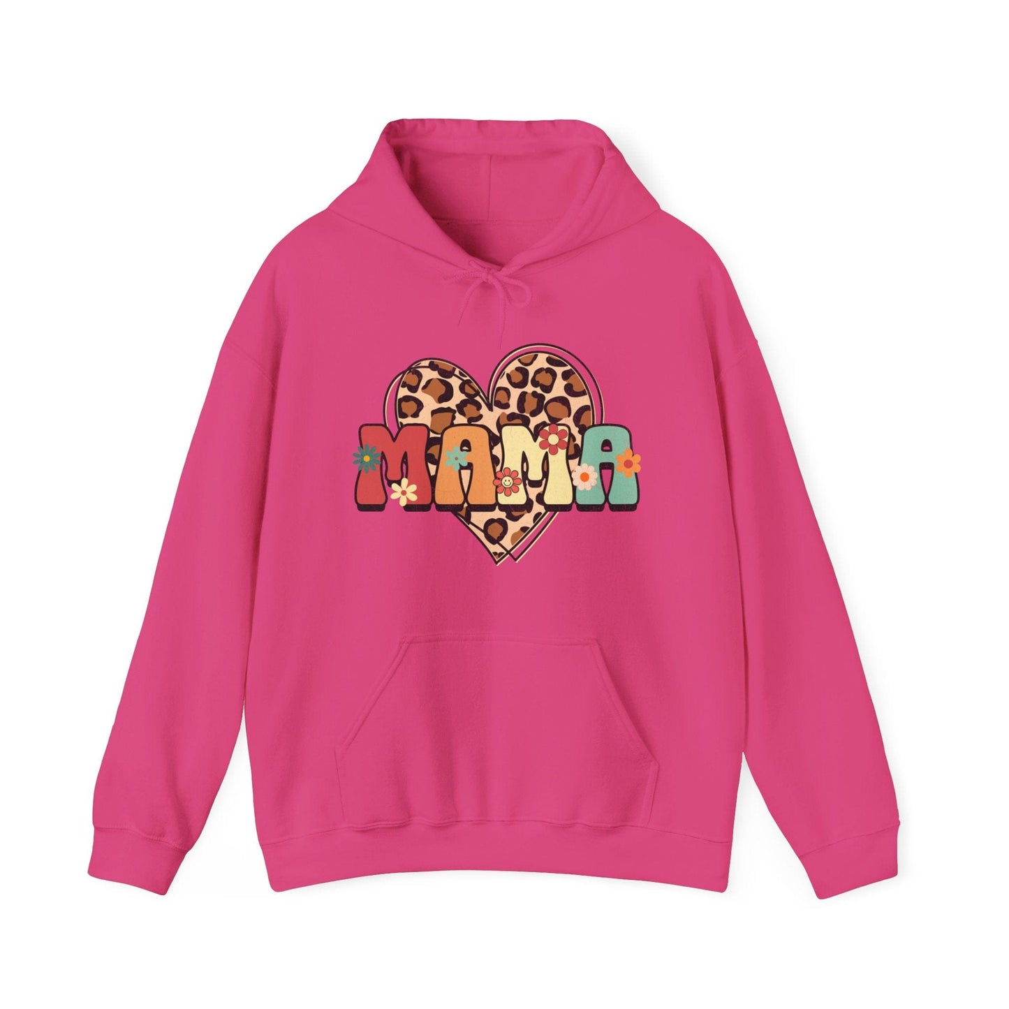 Floral Mama Leopard Heart Hooded Sweatshirt - Gildan 18500 Hoodie Heliconia / S