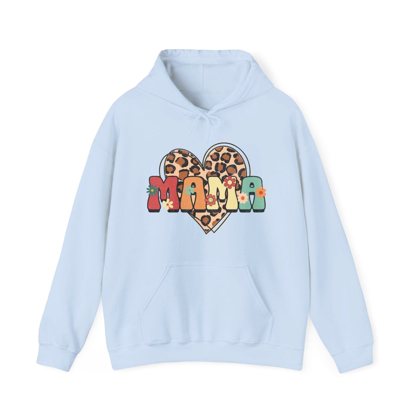 Floral Mama Leopard Heart Hooded Sweatshirt - Gildan 18500 Hoodie Light Blue / S