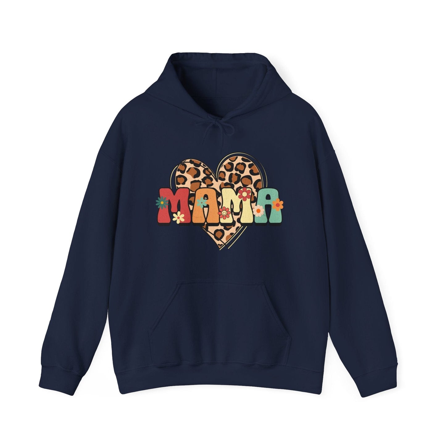 Floral Mama Leopard Heart Hooded Sweatshirt - Gildan 18500 Hoodie Navy / S