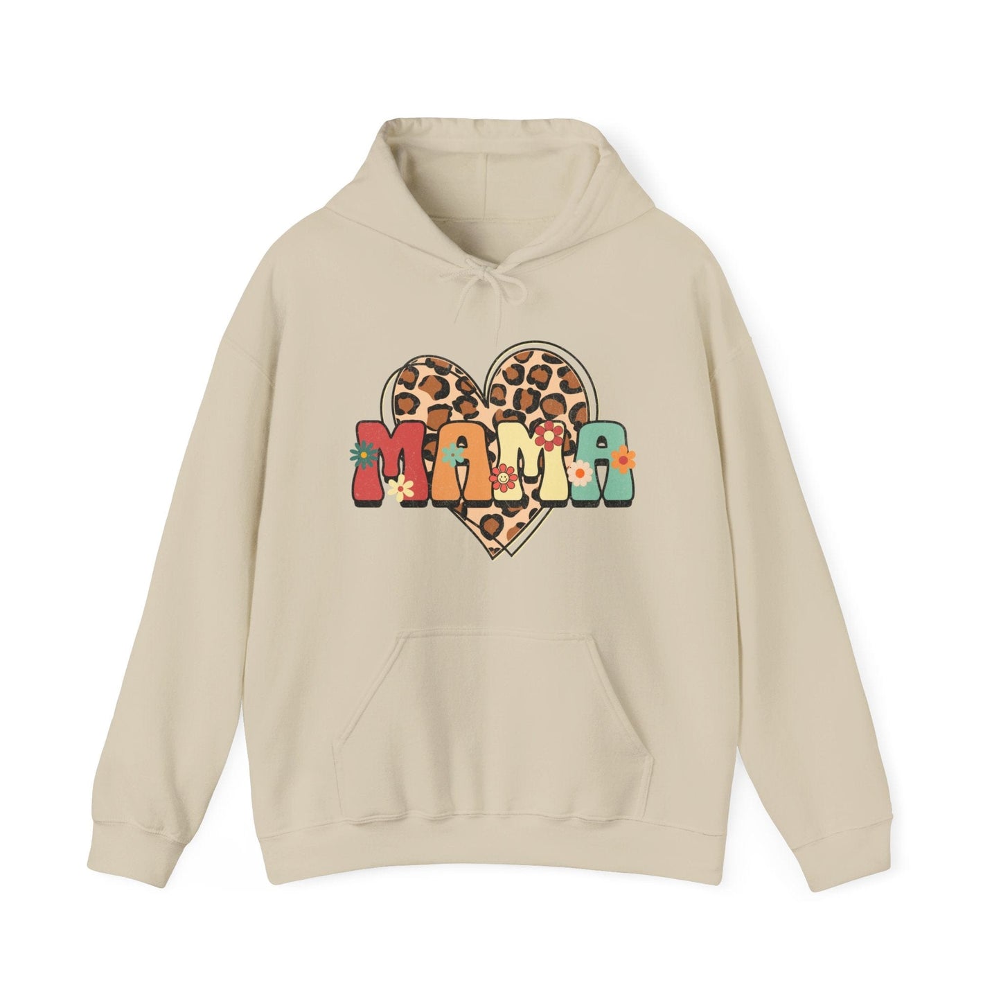 Floral Mama Leopard Heart Hooded Sweatshirt - Gildan 18500 Hoodie Sand / S