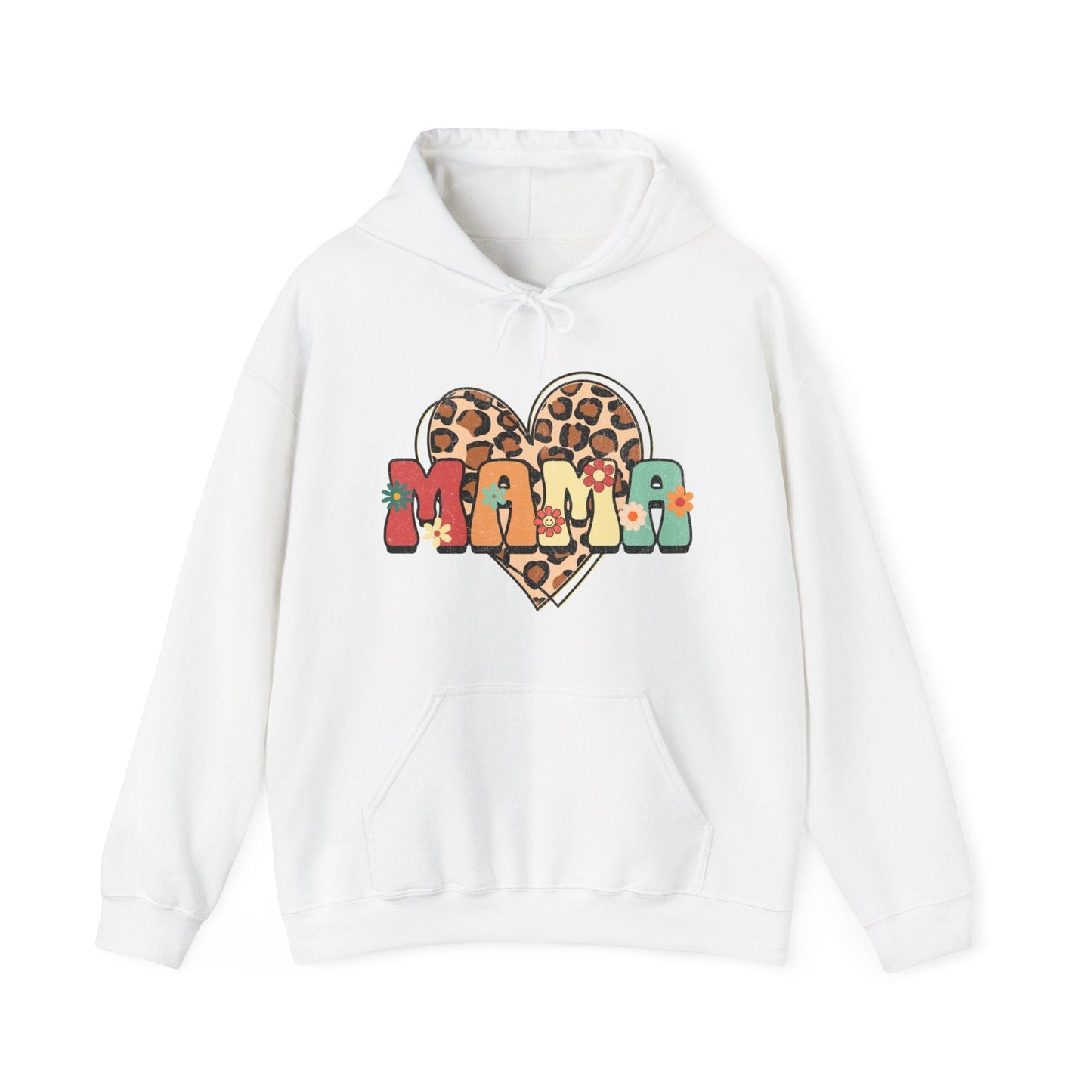 Floral Mama Leopard Heart Hooded Sweatshirt - Gildan 18500 Hoodie White / S