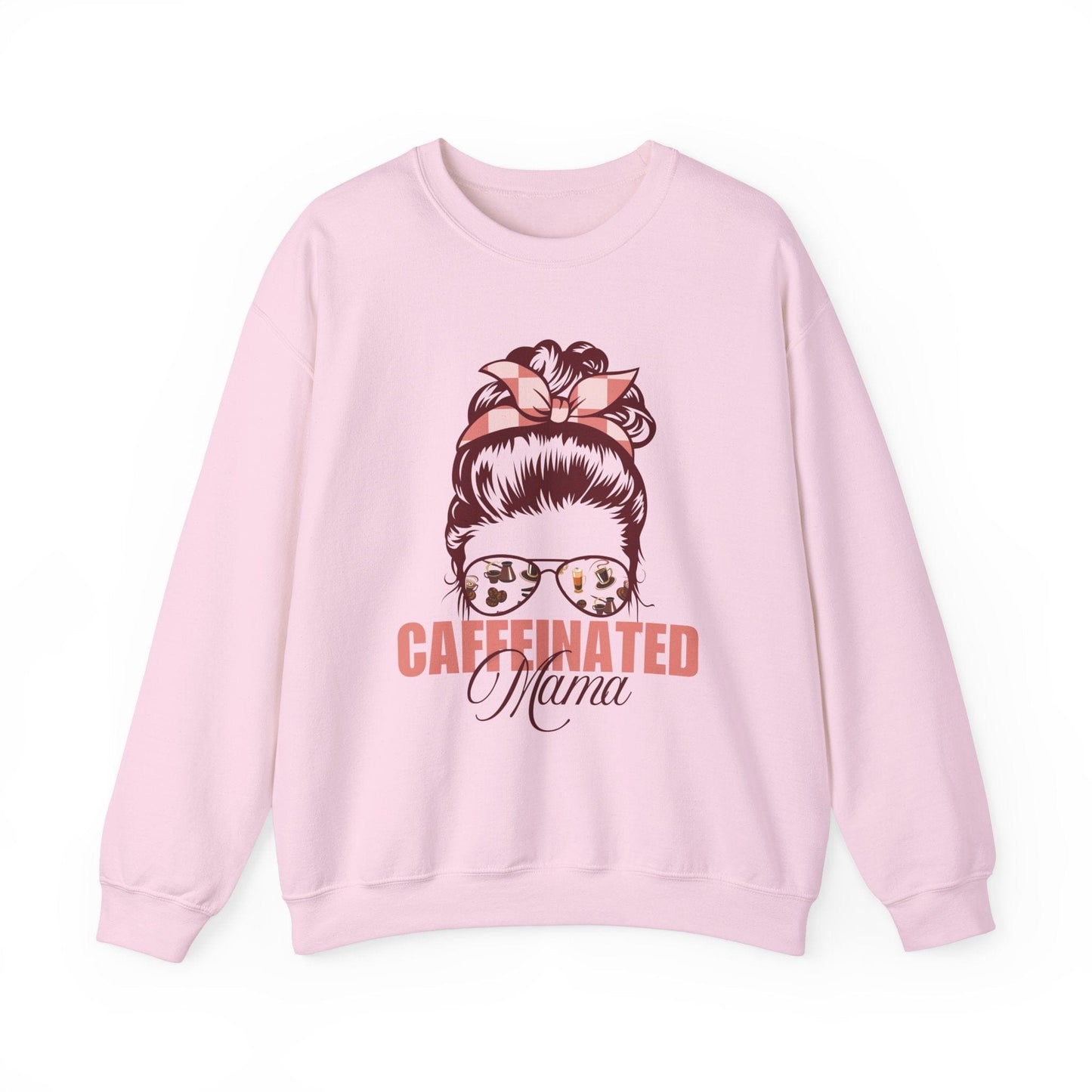 Caffeinated Mama Sweatshirt, Funny Coffee Mom Graphic Shirt with Messy Bun and Coffee Art Sweatshirt Light Pink / S