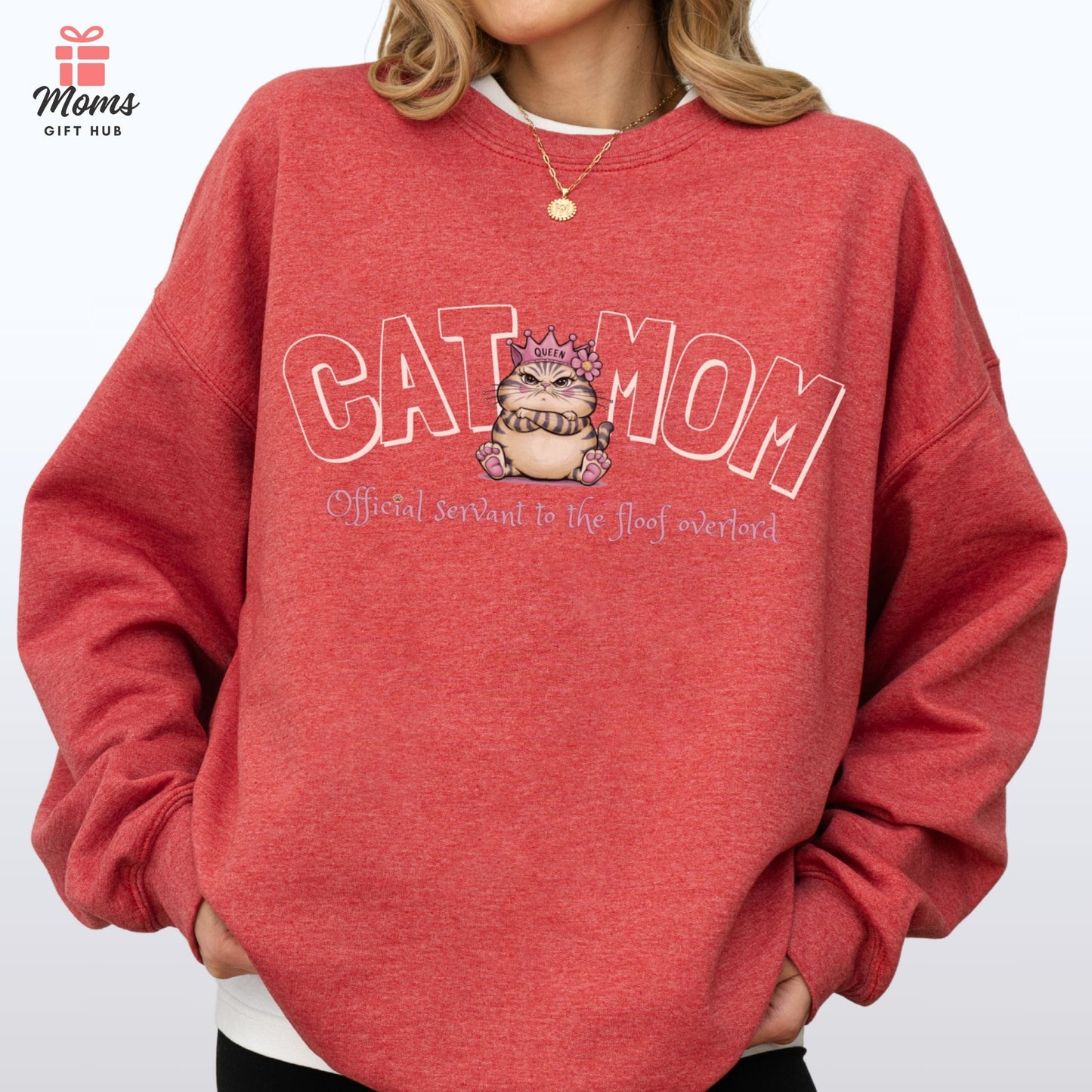 Funny Cat Mom Graphic Sweatshirt – “Official Servant to The Floof Overlord” – Sassy Cats Lover Gift Idea Shirt Sweatshirt Heather Sport Scarlet Red / S