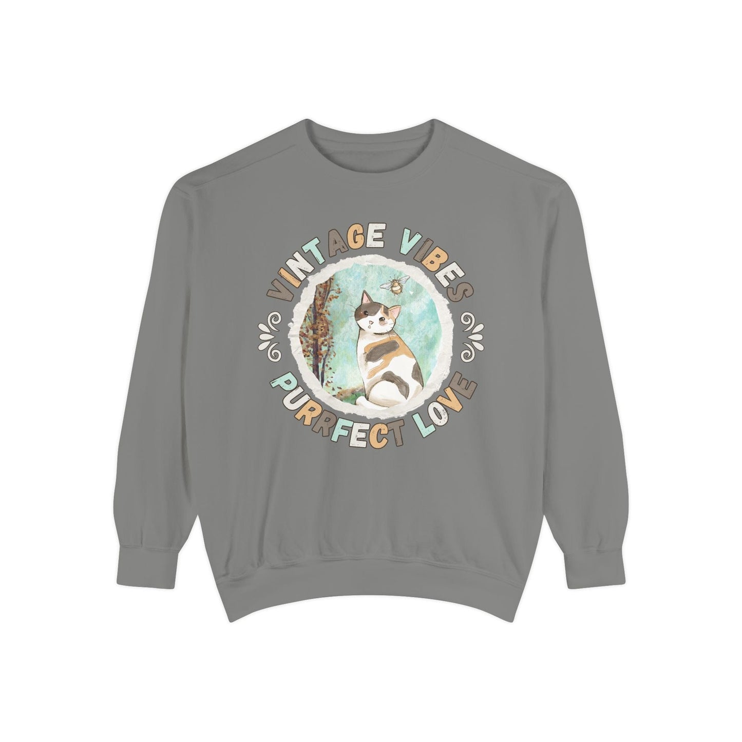 Vintage Vibes Calico Cat Lover Sweatshirt Sweatshirt Grey / S