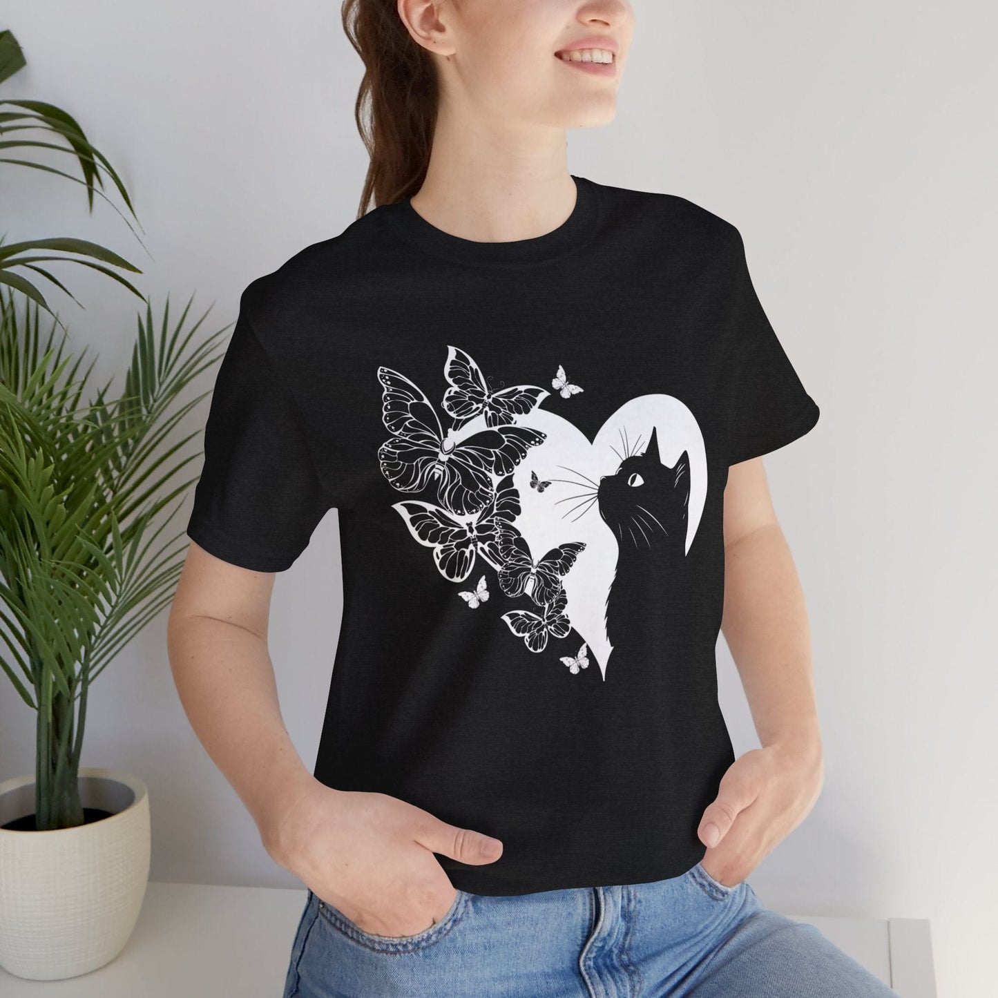 Minimalist Cat and Butterflies Silhouette Tee T-Shirt