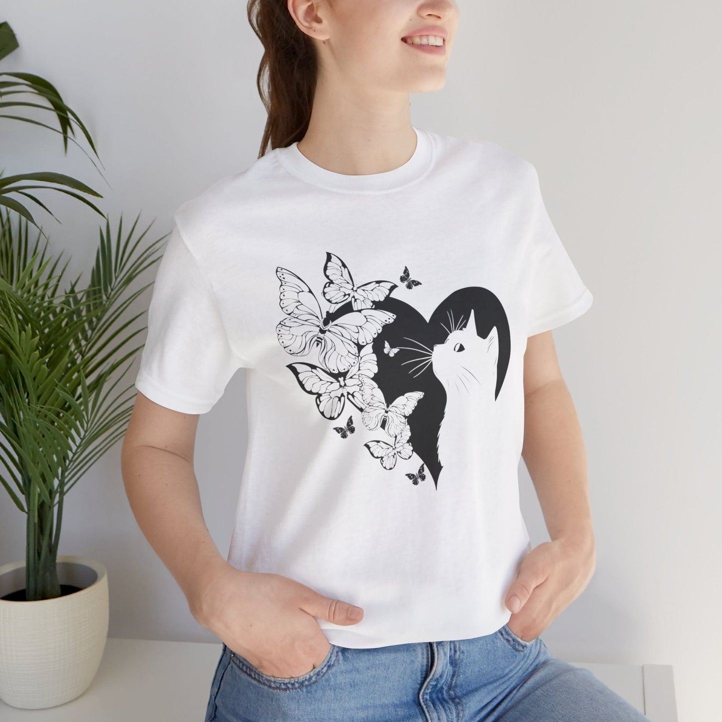 Minimalist Cat and Butterflies Silhouette Tee T-Shirt