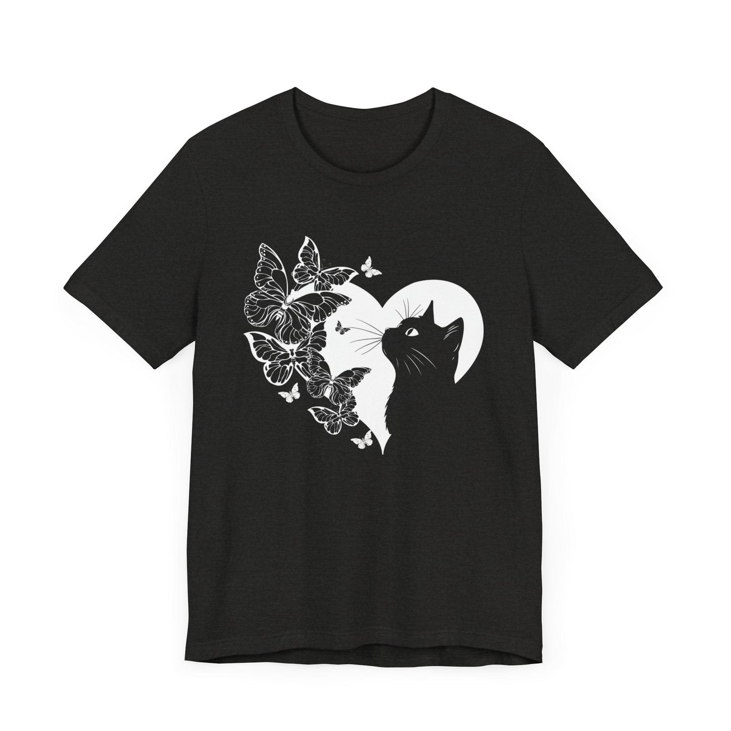 Minimalist Cat and Butterflies Silhouette Tee T-Shirt Black Heather / S
