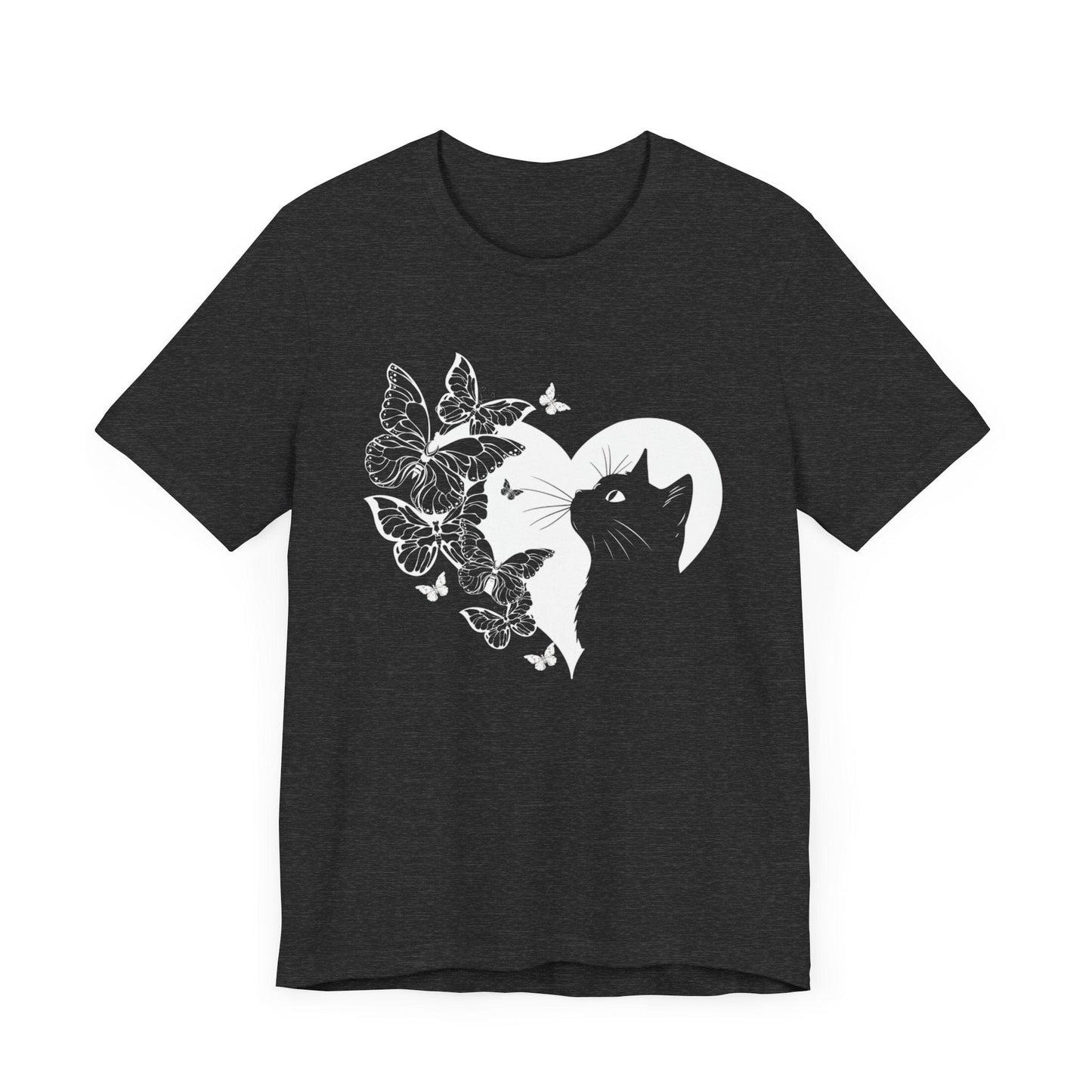 Minimalist Cat and Butterflies Silhouette Tee T-Shirt Dark Grey Heather / S