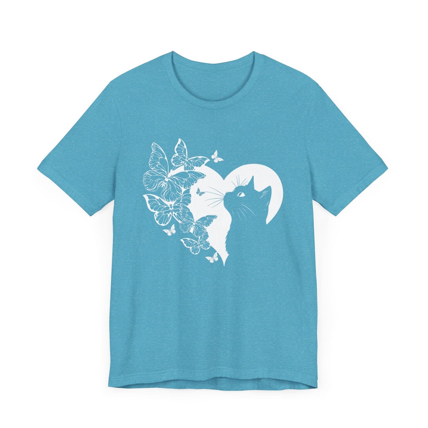 Minimalist Cat and Butterflies Silhouette Tee T-Shirt Heather Aqua / S