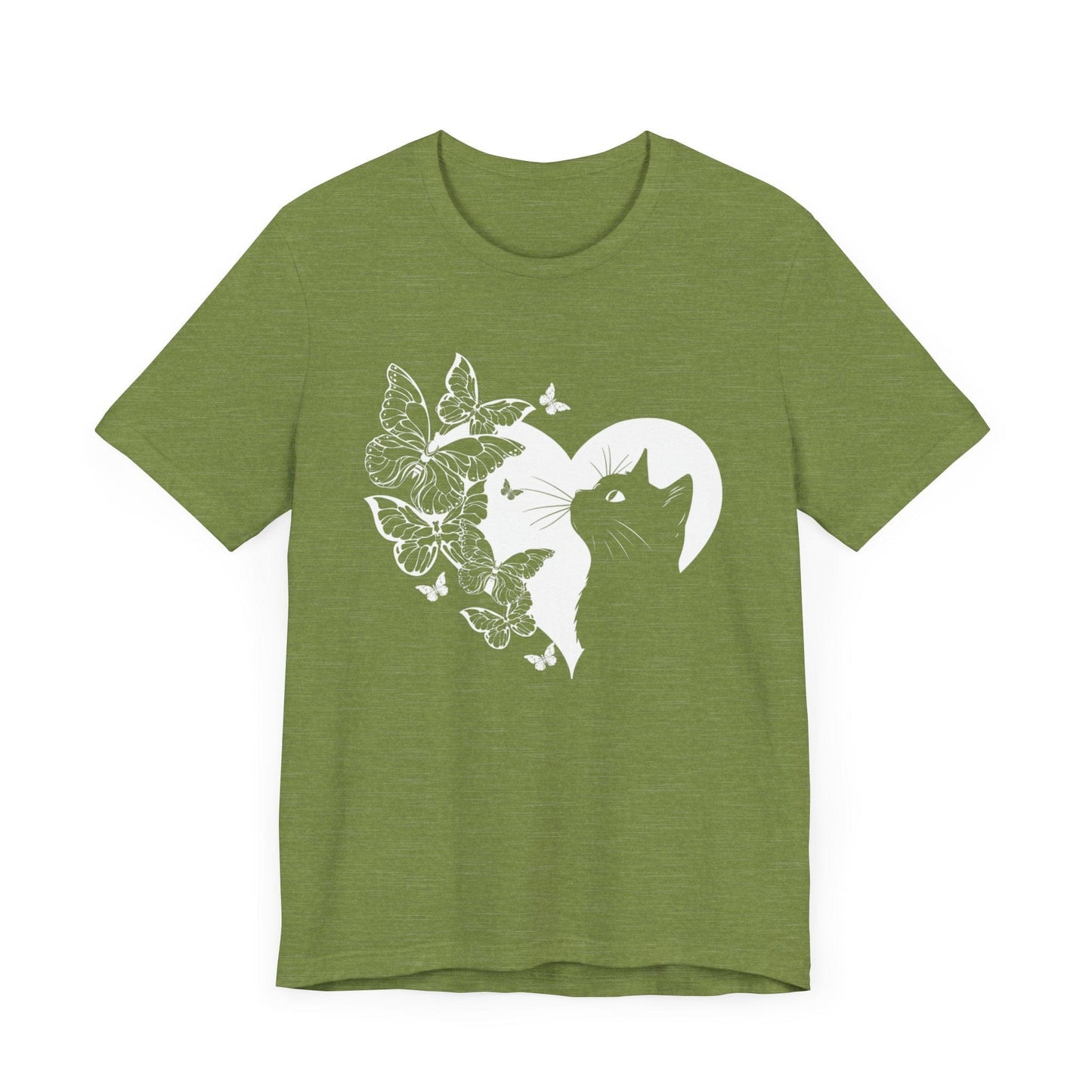 Minimalist Cat and Butterflies Silhouette Tee T-Shirt Heather Green / S