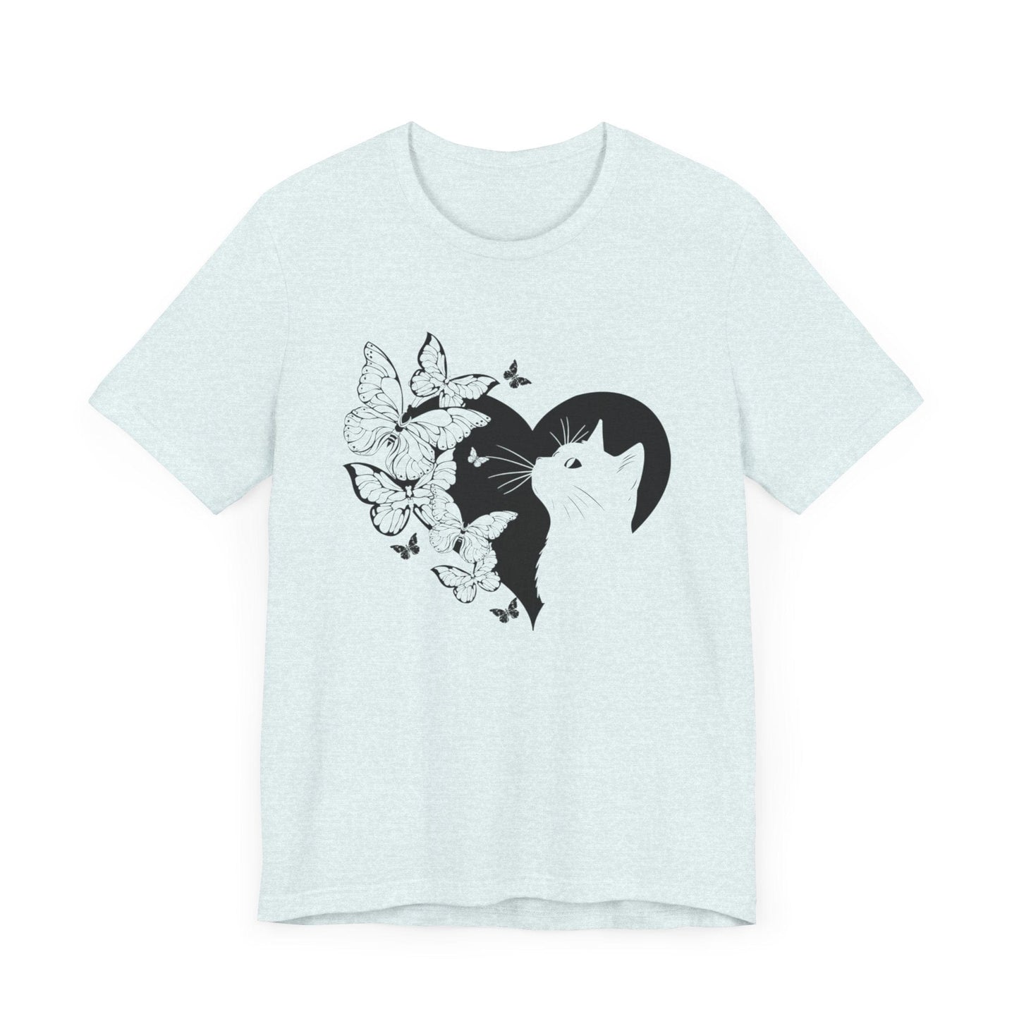 Minimalist Cat and Butterflies Silhouette Tee T-Shirt Heather Ice Blue / S