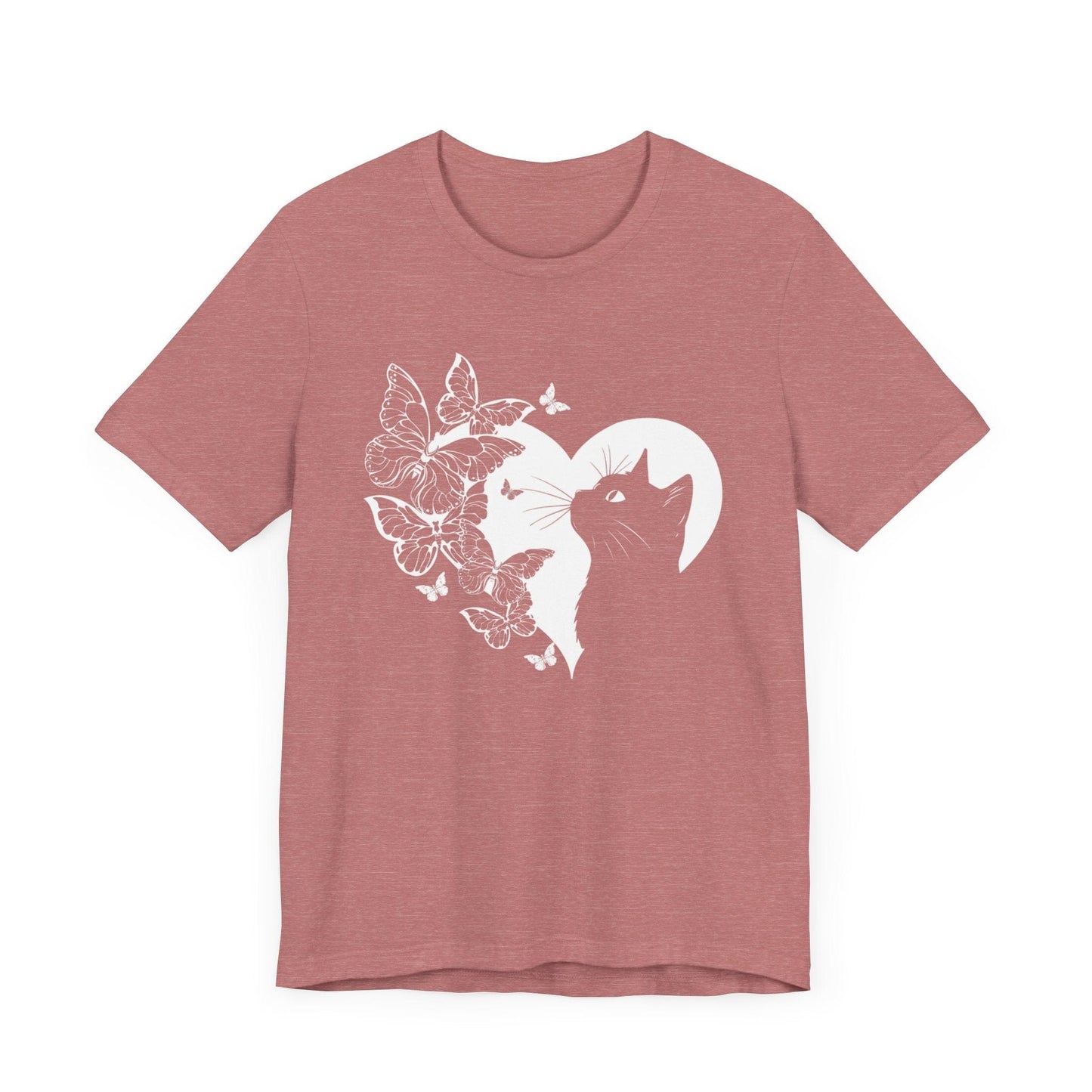 Minimalist Cat and Butterflies Silhouette Tee T-Shirt Heather Mauve / S