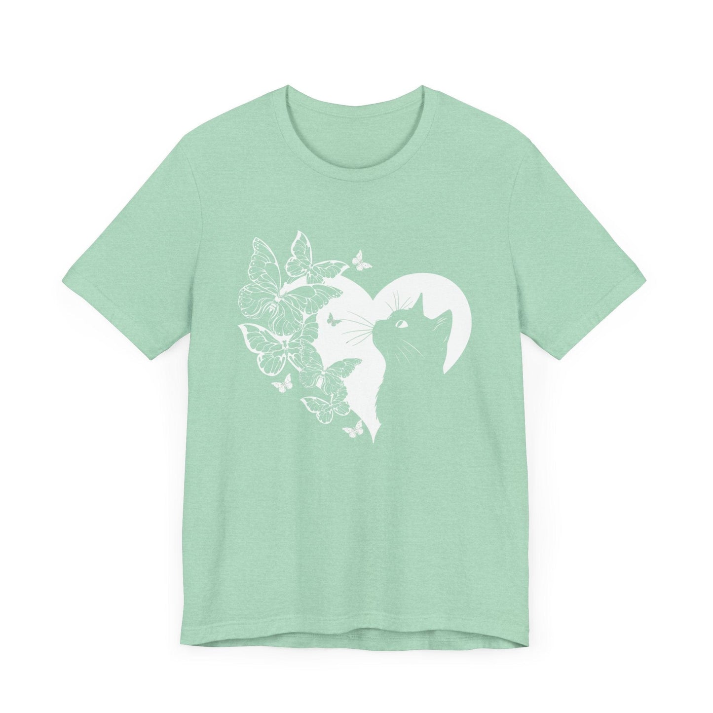 Minimalist Cat and Butterflies Silhouette Tee T-Shirt Heather Mint / S