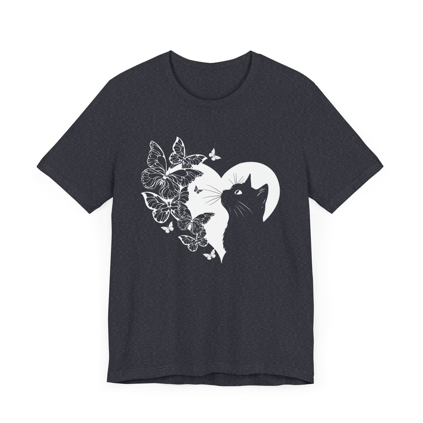 Minimalist Cat and Butterflies Silhouette Tee T-Shirt Heather Navy / S