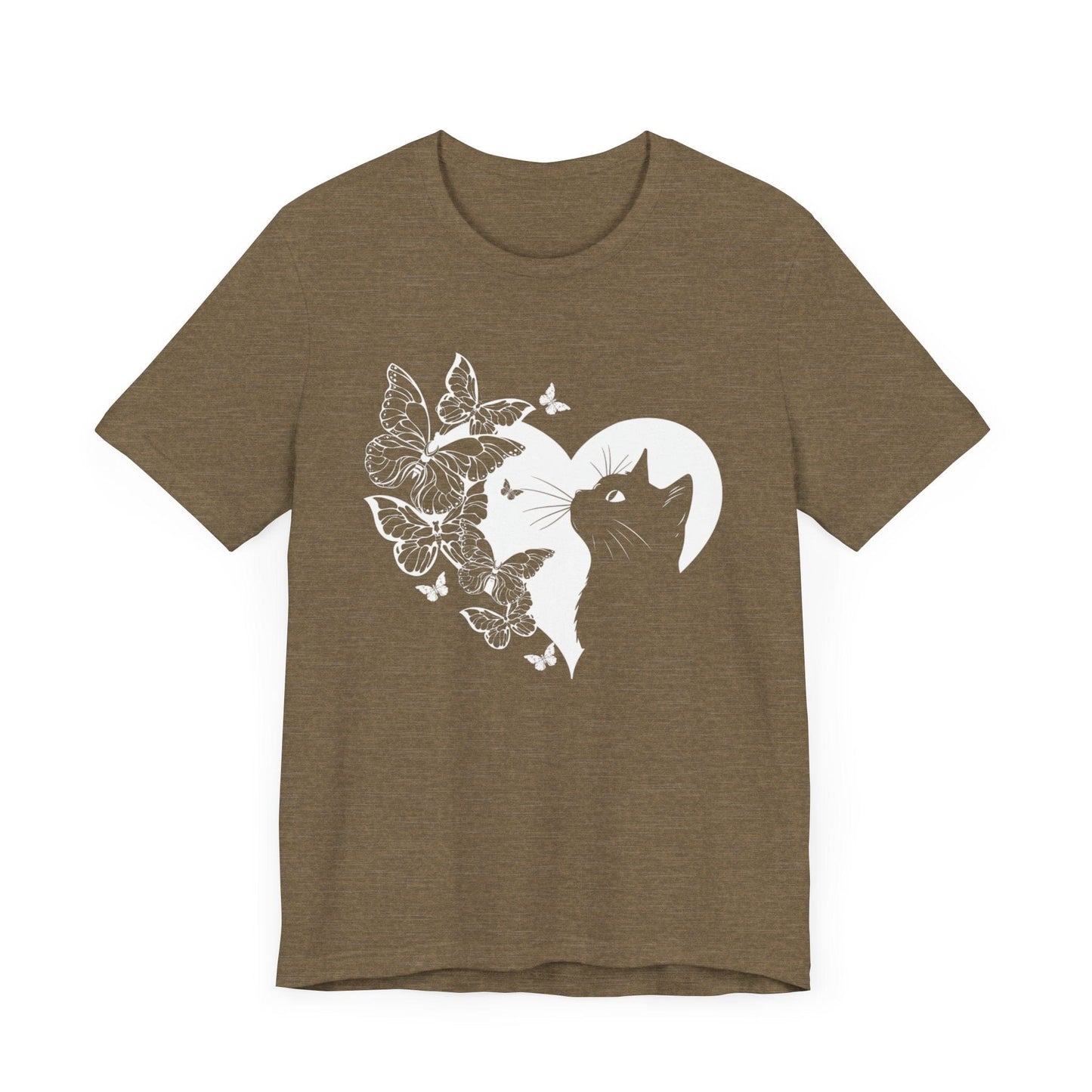 Minimalist Cat and Butterflies Silhouette Tee T-Shirt Heather Olive / S