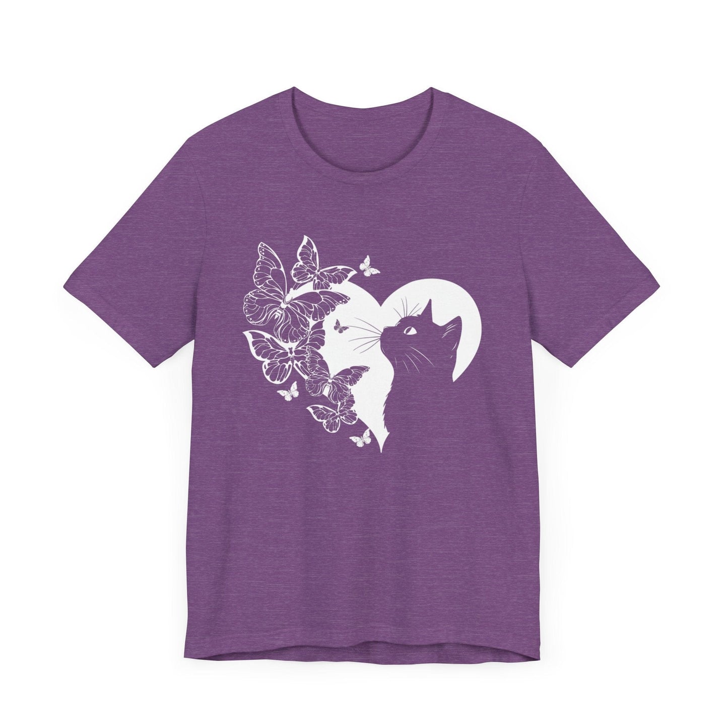 Minimalist Cat and Butterflies Silhouette Tee T-Shirt Heather Team Purple / S
