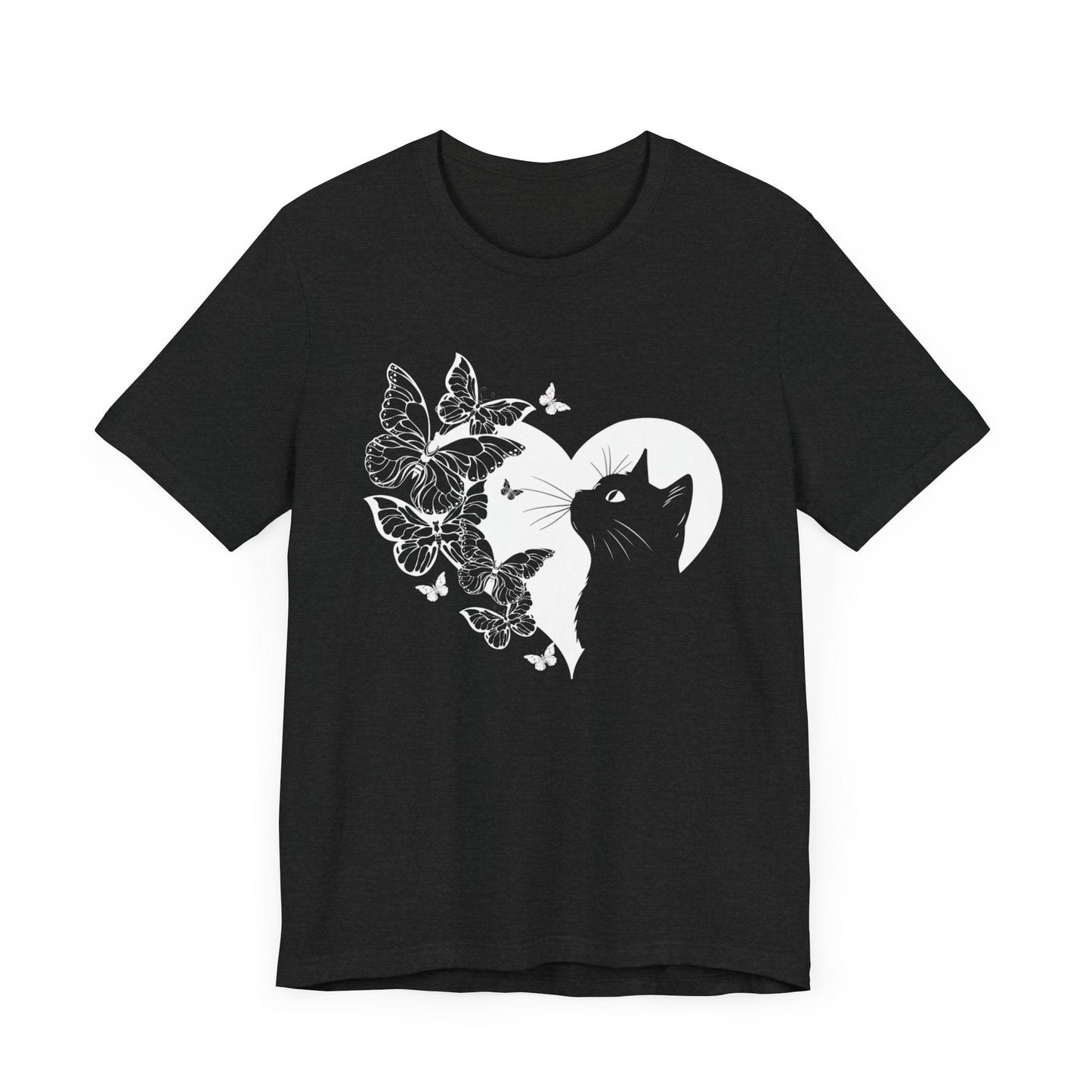 Minimalist Cat and Butterflies Silhouette Tee T-Shirt Solid Black Blend / S