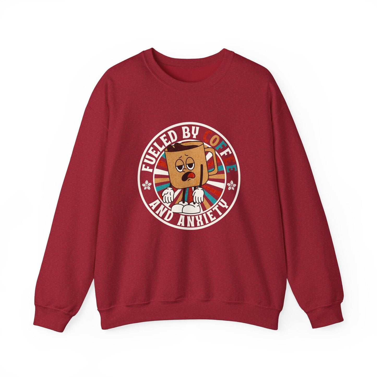 Fueled by Coffee and Anxiety Sweatshirt - Funny Retro Coffee Shirt with Distressed Vintage Look for Coffee Lovers Sweatshirt Antique Cherry Red / S