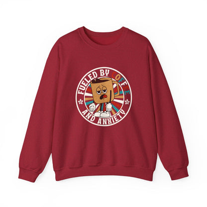 Fueled by Coffee and Anxiety Sweatshirt - Funny Retro Coffee Shirt with Distressed Vintage Look for Coffee Lovers Sweatshirt Antique Cherry Red / S