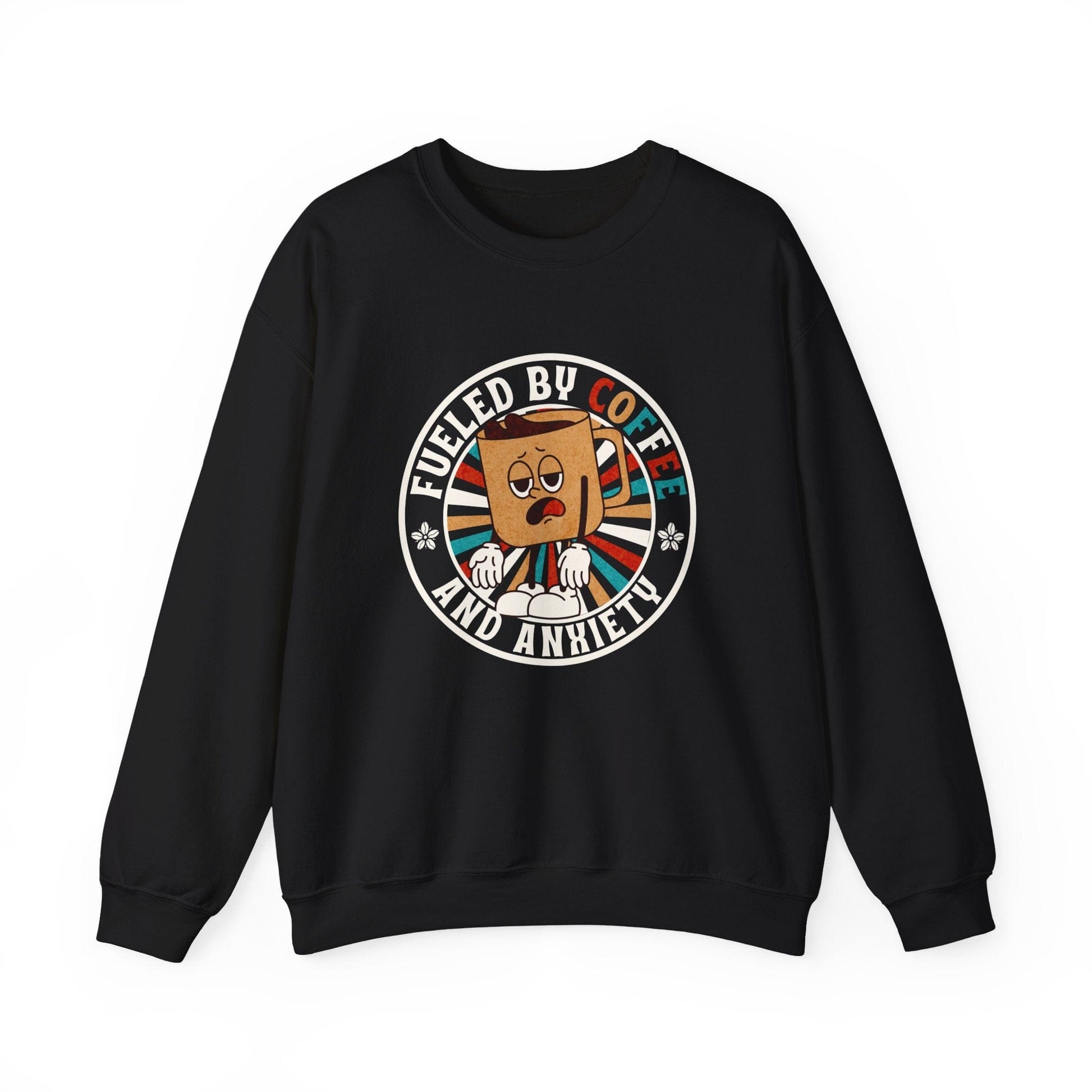 Fueled by Coffee and Anxiety Sweatshirt - Funny Retro Coffee Shirt with Distressed Vintage Look for Coffee Lovers Sweatshirt Black / S