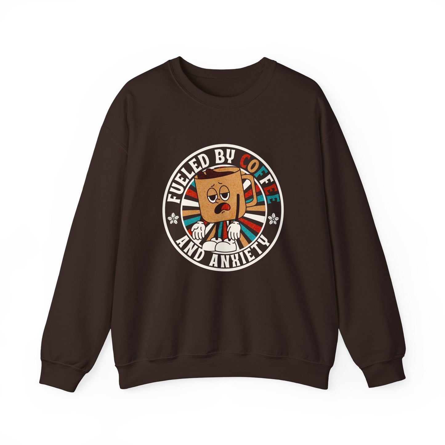 Fueled by Coffee and Anxiety Sweatshirt - Funny Retro Coffee Shirt with Distressed Vintage Look for Coffee Lovers Sweatshirt Dark Chocolate / S
