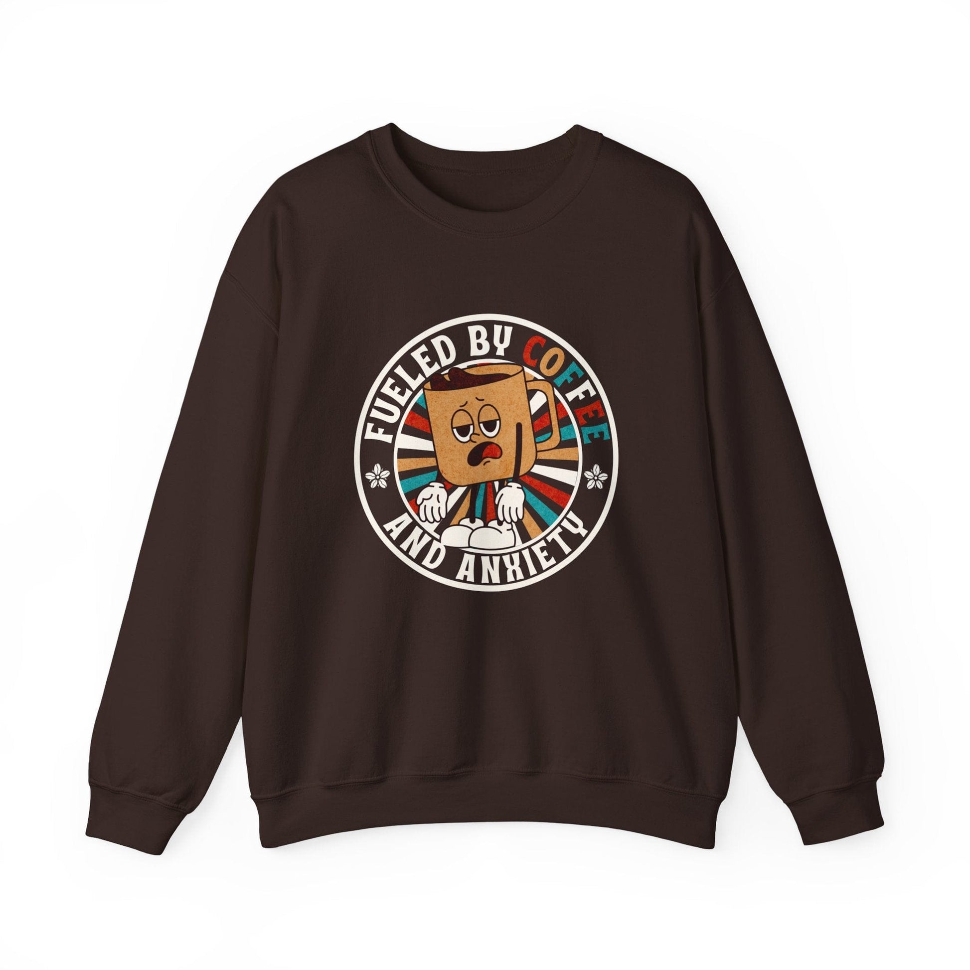 Fueled by Coffee and Anxiety Sweatshirt - Funny Retro Coffee Shirt with Distressed Vintage Look for Coffee Lovers Sweatshirt Dark Chocolate / S
