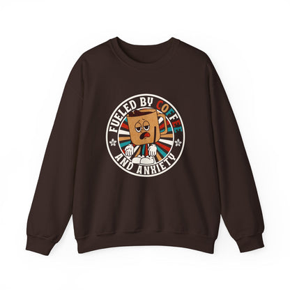 Fueled by Coffee and Anxiety Sweatshirt - Funny Retro Coffee Shirt with Distressed Vintage Look for Coffee Lovers Sweatshirt Dark Chocolate / S