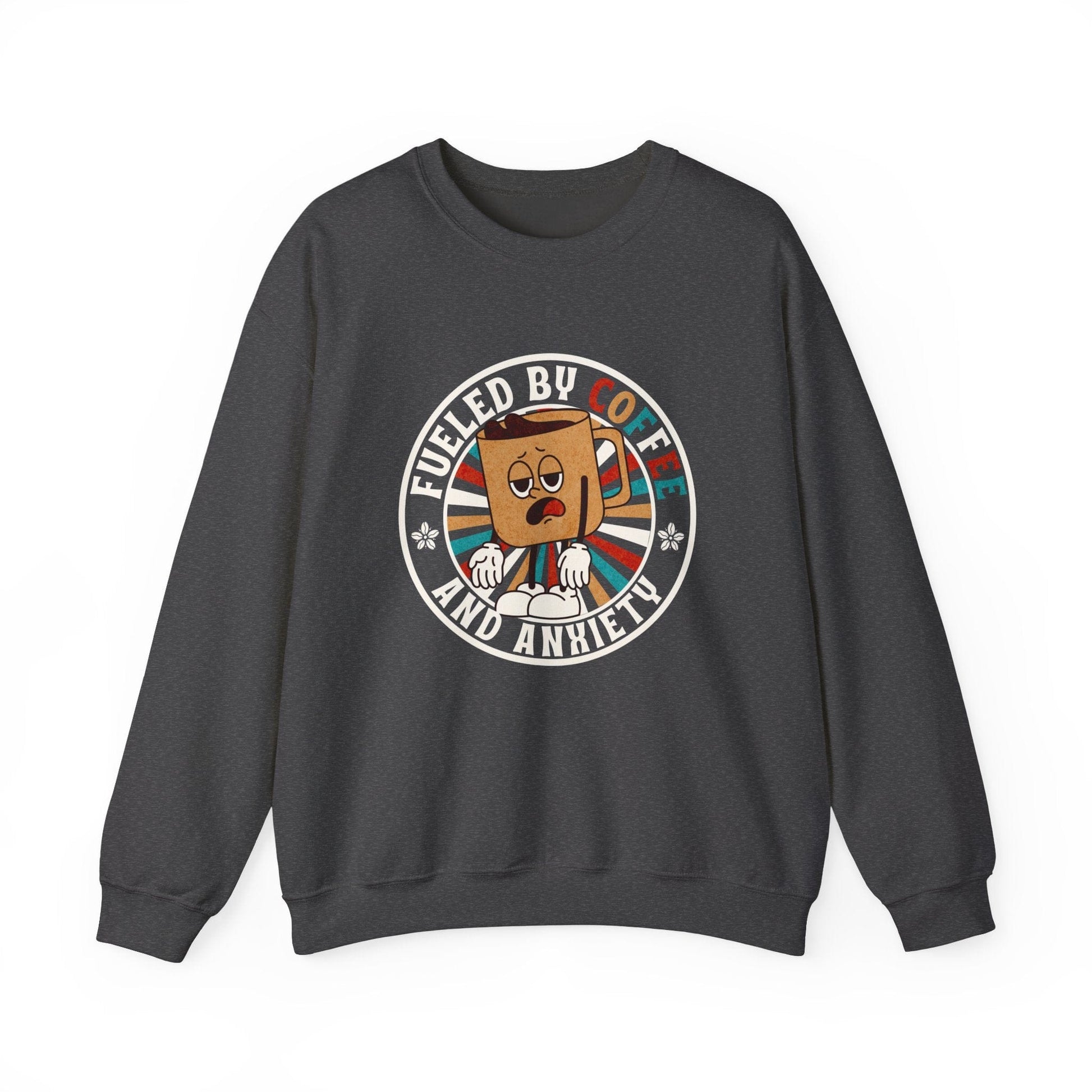 Fueled by Coffee and Anxiety Sweatshirt - Funny Retro Coffee Shirt with Distressed Vintage Look for Coffee Lovers Sweatshirt Dark Heather / S