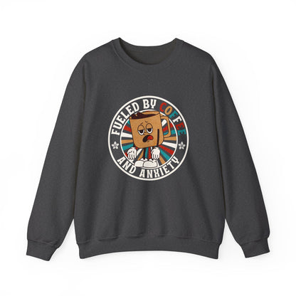 Fueled by Coffee and Anxiety Sweatshirt - Funny Retro Coffee Shirt with Distressed Vintage Look for Coffee Lovers Sweatshirt Dark Heather / S
