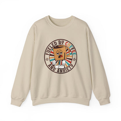 Fueled by Coffee and Anxiety Sweatshirt - Funny Retro Coffee Shirt with Distressed Vintage Look for Coffee Lovers Sweatshirt Sand / S