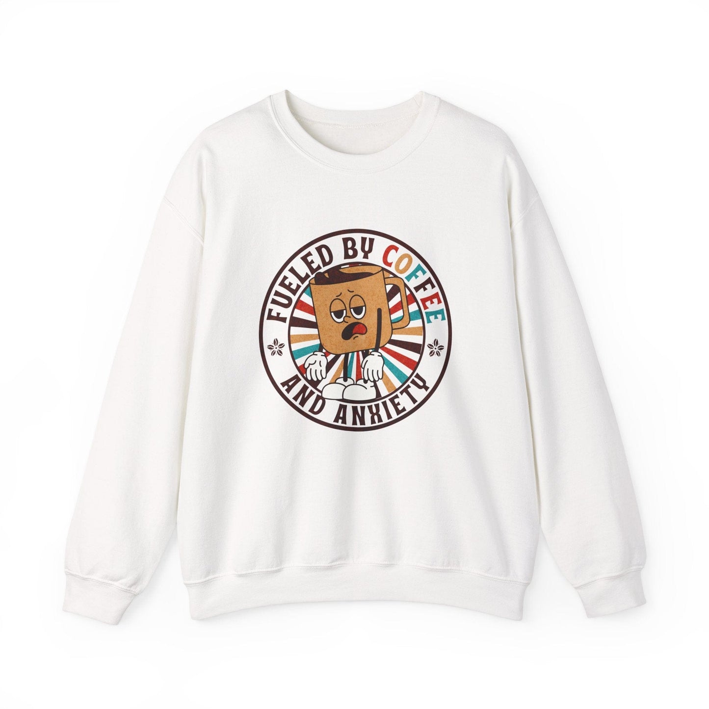 Fueled by Coffee and Anxiety Sweatshirt - Funny Retro Coffee Shirt with Distressed Vintage Look for Coffee Lovers Sweatshirt White / S