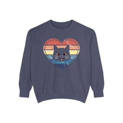 Vintage Retro Cat Lover Heart Sweatshirt Sweatshirt Denim / S